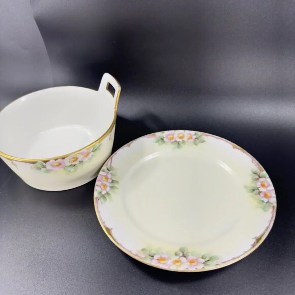 Antique T & V Limoges Butter Tub Hand Painted Porcelain‎ Dish With Under Plate